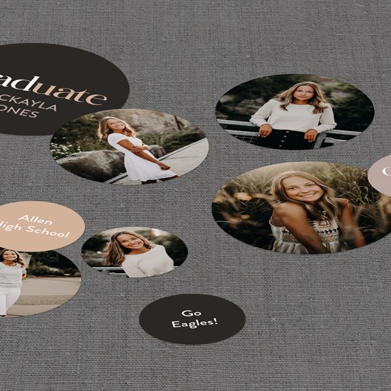 multiple circular photo areas with text on gray background