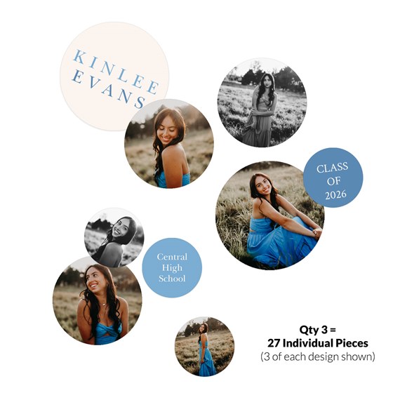 multiple photo placeholders with circular frames and printed text