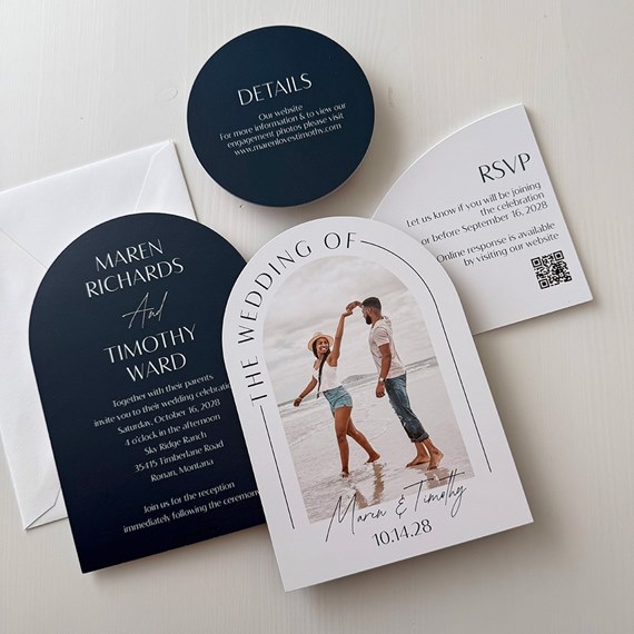 wedding invitation suite with photo area, details card, and RSVP card