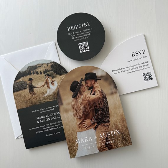 wedding invitation set with RSVP and registry cards, photo area