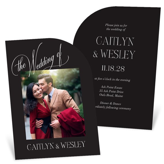black wedding invitation with photo area and script text