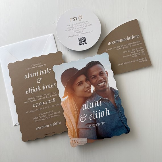 wedding invitation with photo placeholder and scalloped edges