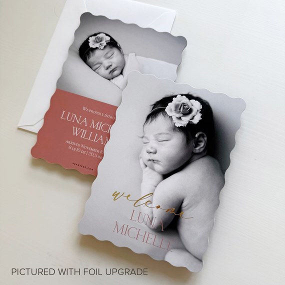 vertical birth announcement card with photo placeholder and text area
