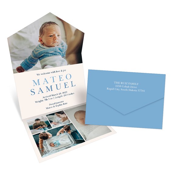 birth announcement with photo area and blue envelope