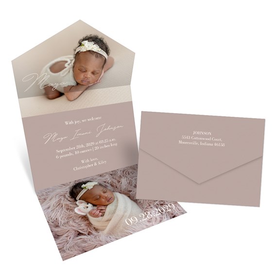 double photo birth announcement card with pink envelope