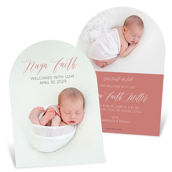 two birth announcement cards with baby images and details