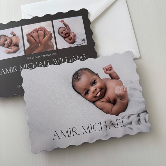birth announcement card with photo placeholders and scalloped edges