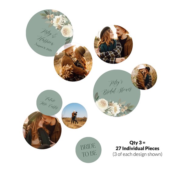 circular confetti designs with floral elements and photo placeholders