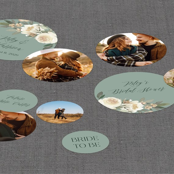 circular photo placeholders with floral designs and text