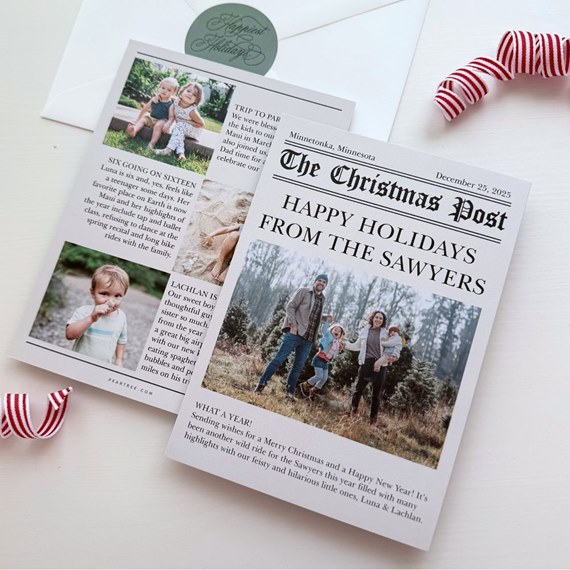 newspaper-style holiday photo card with family photo and multi-photo back layout on white background