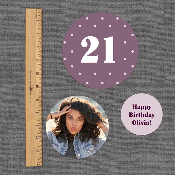 design with birthday elements, photo area, customizable text area