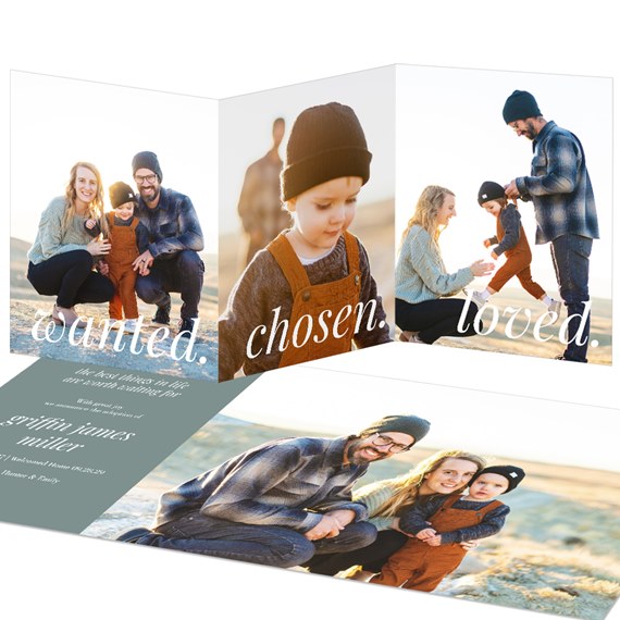 tri-fold adoption announcement with photo placeholders and text