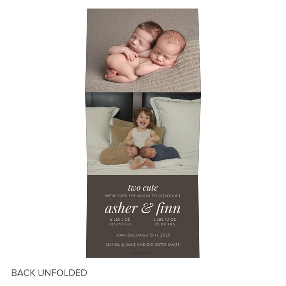 birth announcement card with photo areas and printed text