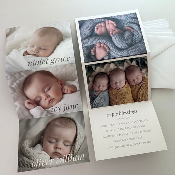 birth announcement card with photo placeholders and text area