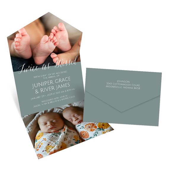 double photo announcement card with twin baby details and teal envelope