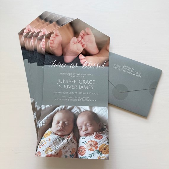 double photo birth announcement with customizable text area and envelope