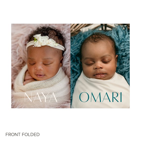 birth announcement with photo placeholders for twins Naya and Omari