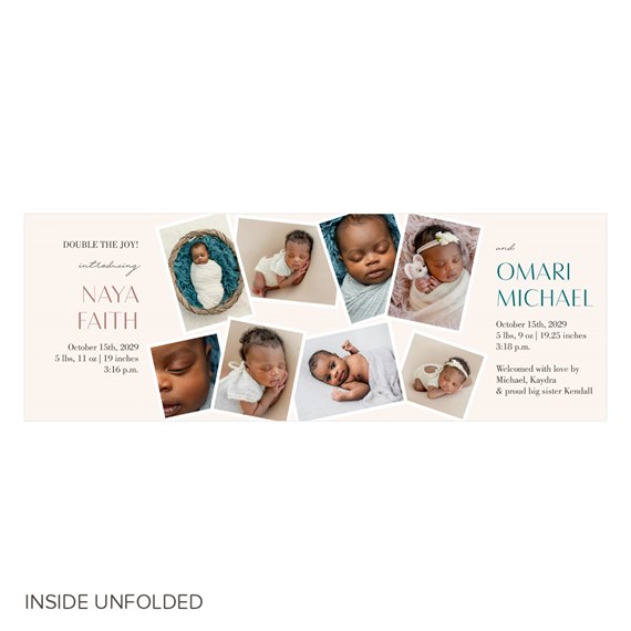birth announcement with photo placeholders and text about twins