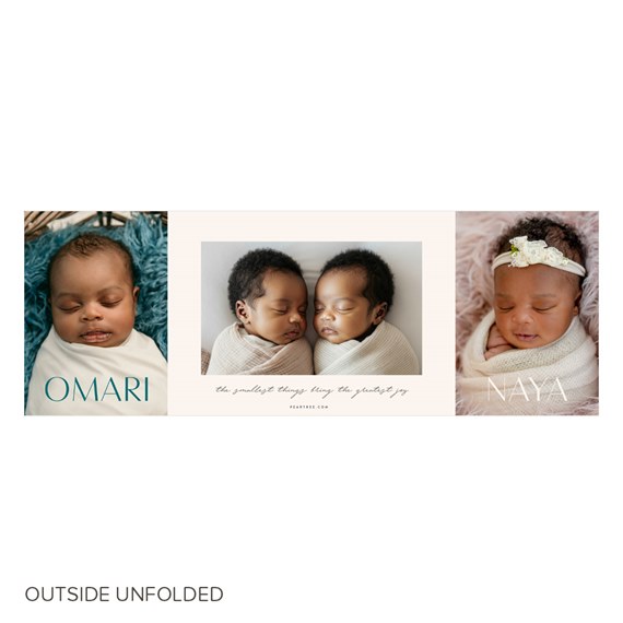 tri-fold birth announcement with photo placeholders for OMARI and NAYA