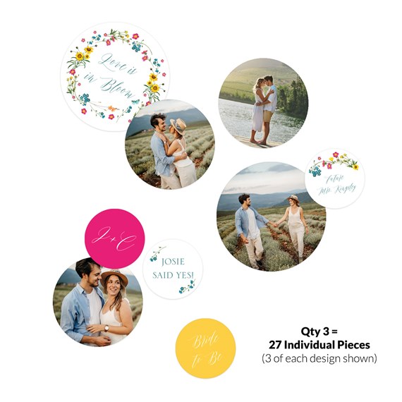 floral confetti pieces with text and couple images
