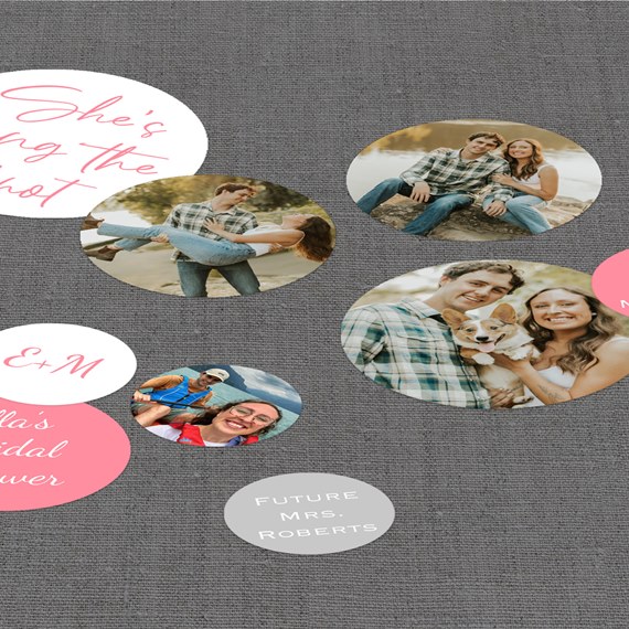 circular photo placeholders on gray background with text