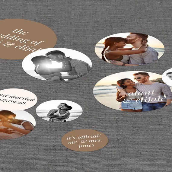 multiple photo placeholders with text elements on a gray background