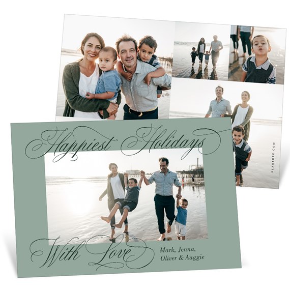 folded holiday photo greeting card with sage green border, black script typography and family beach photo collage