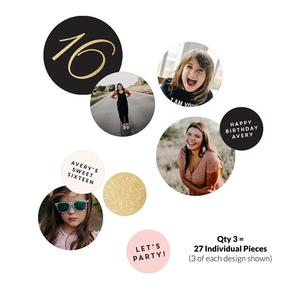 colorful round confetti with text and photo placeholders
