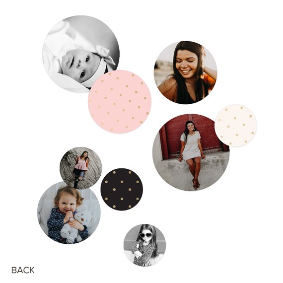 multiple photo placeholders with circular frames in various colors and patterns