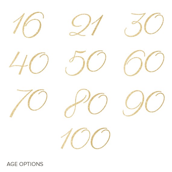 gold glitter age numbers on white background, age options text