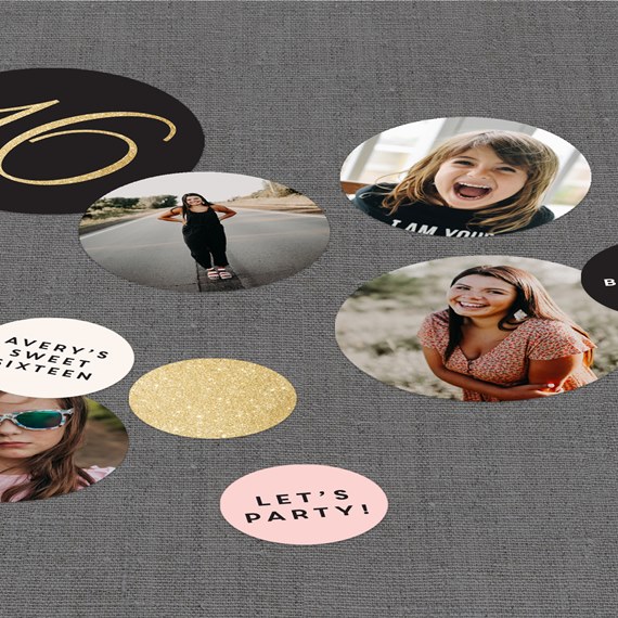 design with photo placeholders, text elements, and circular shapes