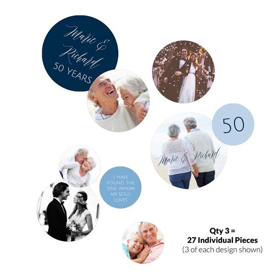 circular anniversary confetti designs with couples' photos and text