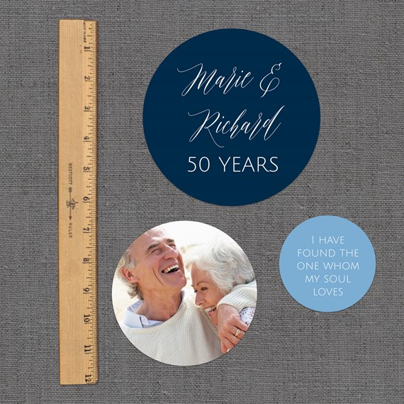 navy and light blue anniversary card with photo area