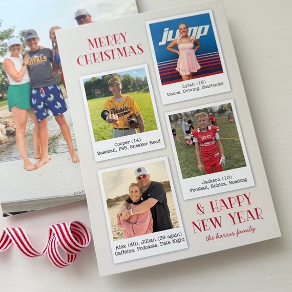holiday photo collage card with four Polaroid-style frames and red 'Merry Christmas' and 'Happy New Year' typography on cream background