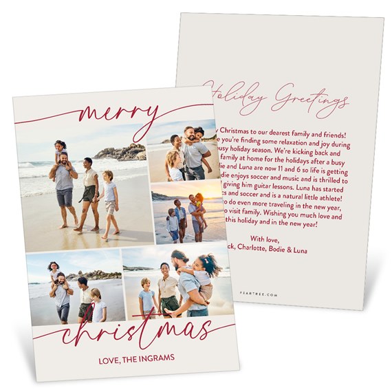 holiday photo card with multiple family beach photos, cream background and red handwritten-style 'merry christmas' script, customizable greeting on the back