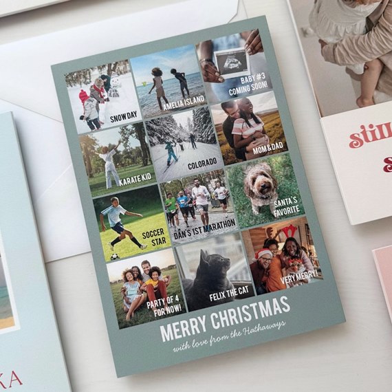 Christmas photo collage card with twelve family and pet images in a grid on a sage green background and Merry Christmas text