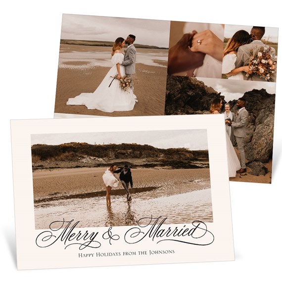 Holiday photo card with collage of beach wedding photos and cursive 'Merry & Married' greeting