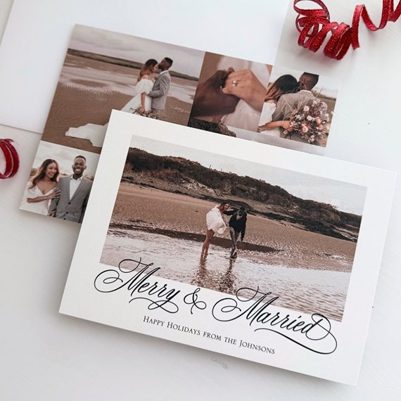 holiday photo card with newlywed couple on a beach and 'Merry & Married' script