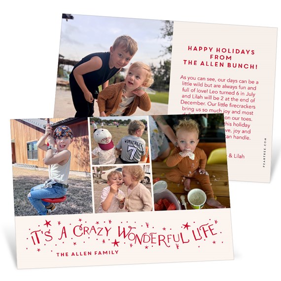 Holiday photo collage greeting card with cream background and red hand-lettered slogan, featuring multiple photos of children and a printed holiday message panel.
