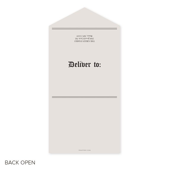 light gray envelope with decorative text and space for address