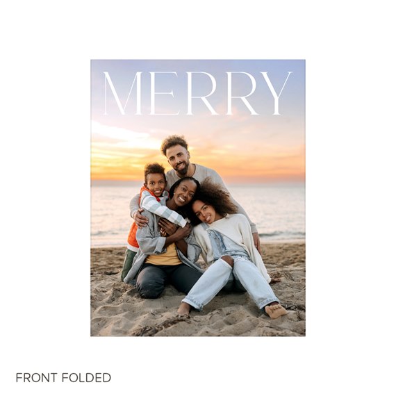 Christmas card with 'MERRY' text and photo area