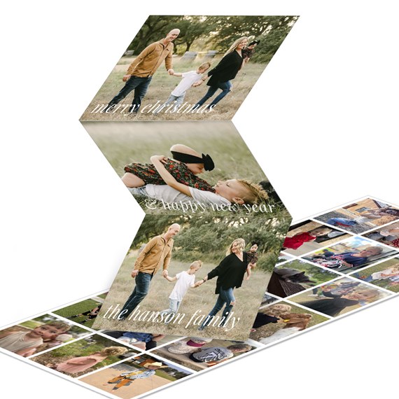 three-panel folded holiday photo card featuring outdoor family portraits in a grassy field with seasonal script text