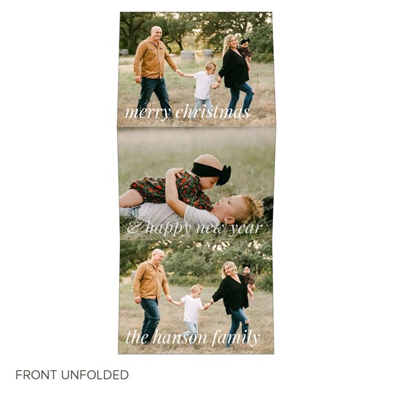 vertical tri-panel Christmas photo card with three outdoor family photos, white script greetings and space for a family name