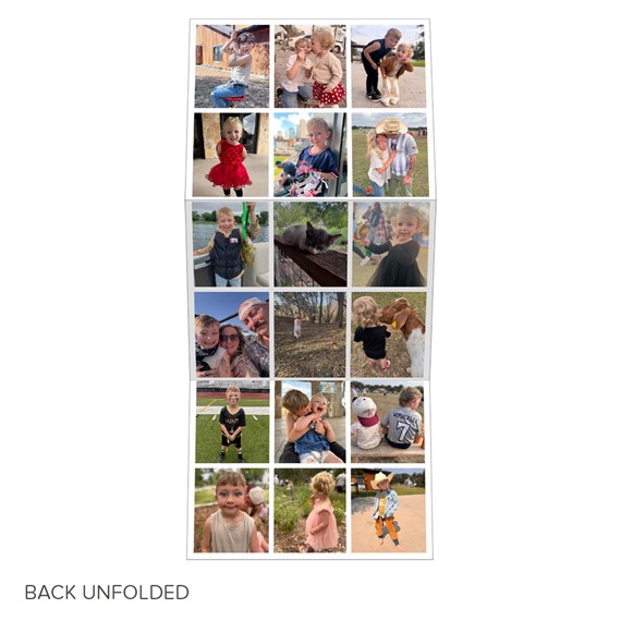 A3 photo collage card back unfolded with 20 family photos in a 5x4 grid on a white background