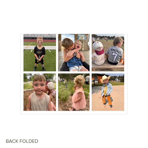 A4 folded photo card featuring six photos of children in outdoor settings arranged in a 3x2 grid on a white background.