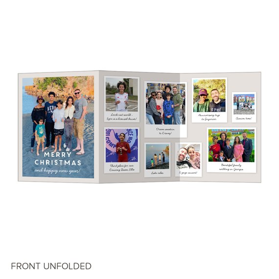 holiday card with photo placeholders and printed text