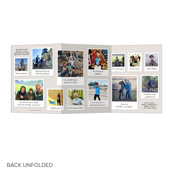 holiday card with photo placeholders and captions