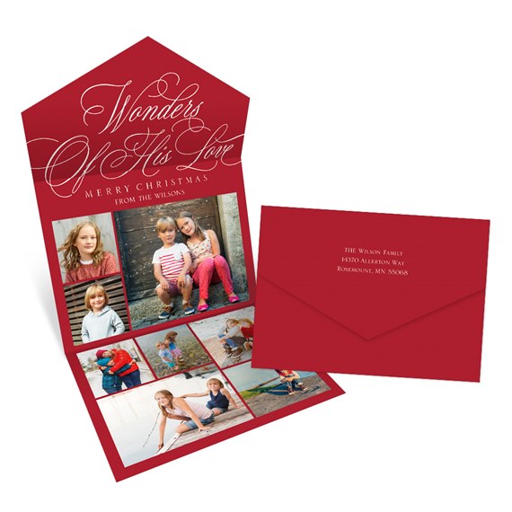 red Christmas card with photo collage and envelope