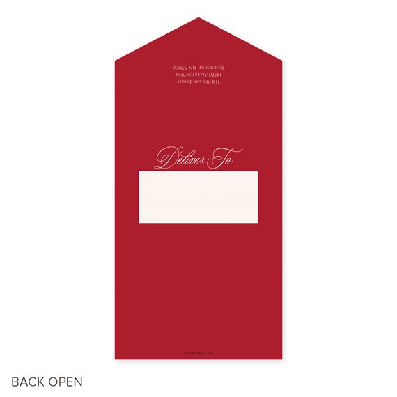 red Christmas card with delivery address area