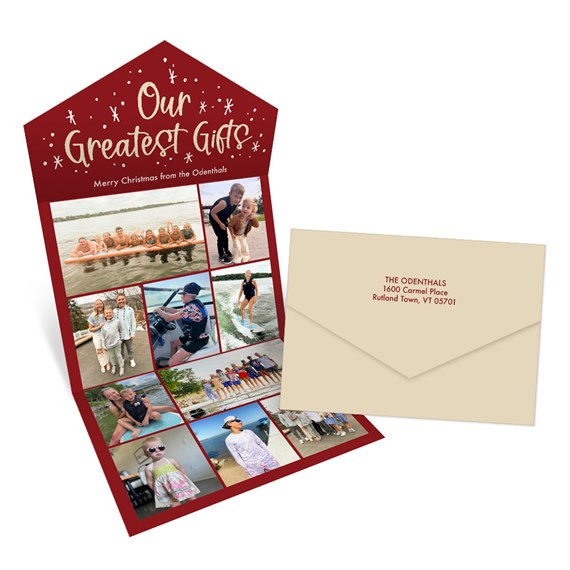 red christmas card with photo placeholders and envelope